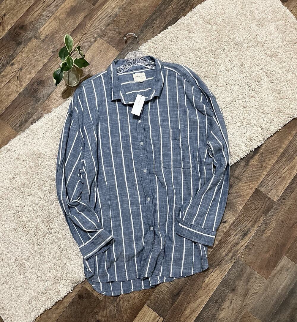 American Eagle Size XXL Oversized Blue White Striped Button Down Top NWT